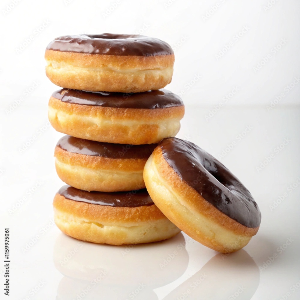 the stacked of chocolate glaze donuts on white background the stacked of chocolate glaze donuts on white background