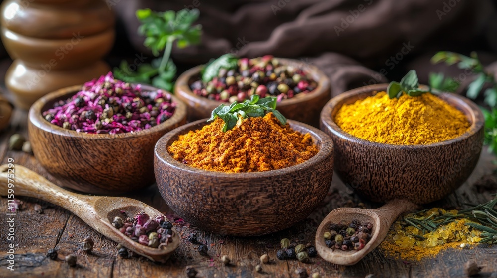 Bowls of vibrant spices on a rustic table Bowls of vibrant spices on a rustic table