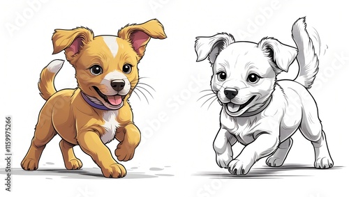 Playful Puppy Color and Outline Duo, dog with bone, Simple doodles of dogs and bones, playful background, playful puppy bold outlines photo