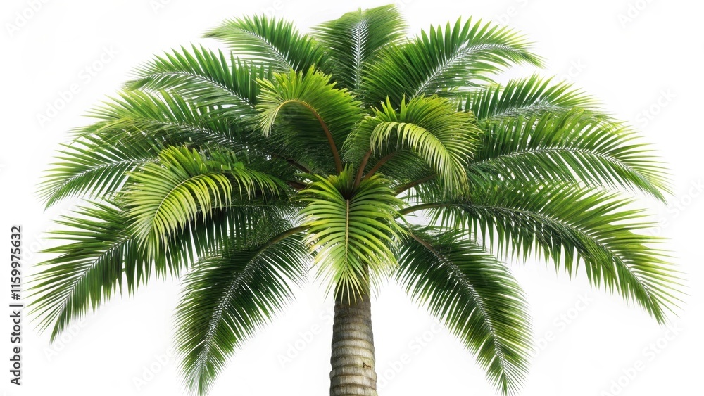Lush Green Palm Tree Crown Isolated on White Background, Ideal for Tropical Themed Designs and Summer Projects Lush Green Palm Tree Crown Isolated on White Background, Ideal for Tropical Themed Designs and Summer Projects