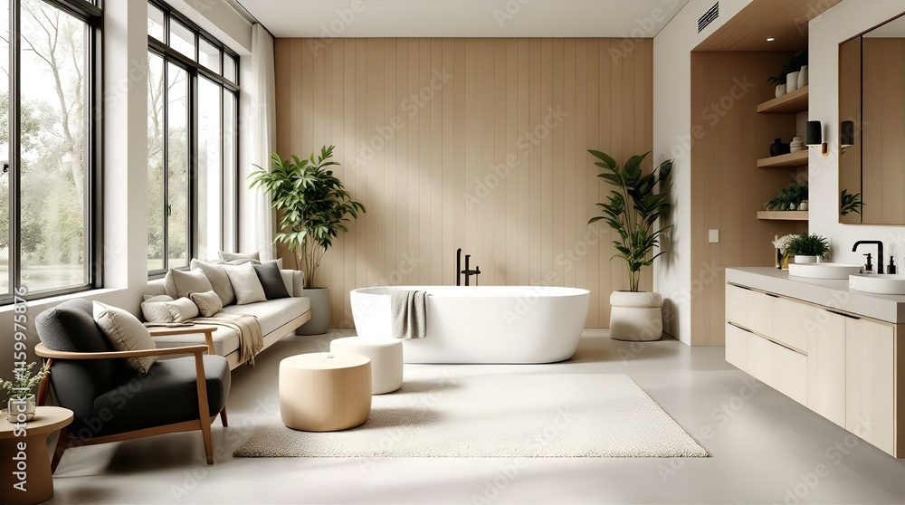 Serene Modern Bathroom Design: A Minimalist Oasis with Freestanding Tub, Natural Light, and Luxurious Amenities Serene Modern Bathroom Design: A Minimalist Oasis with Freestanding Tub, Natural Light, and Luxurious Amenities