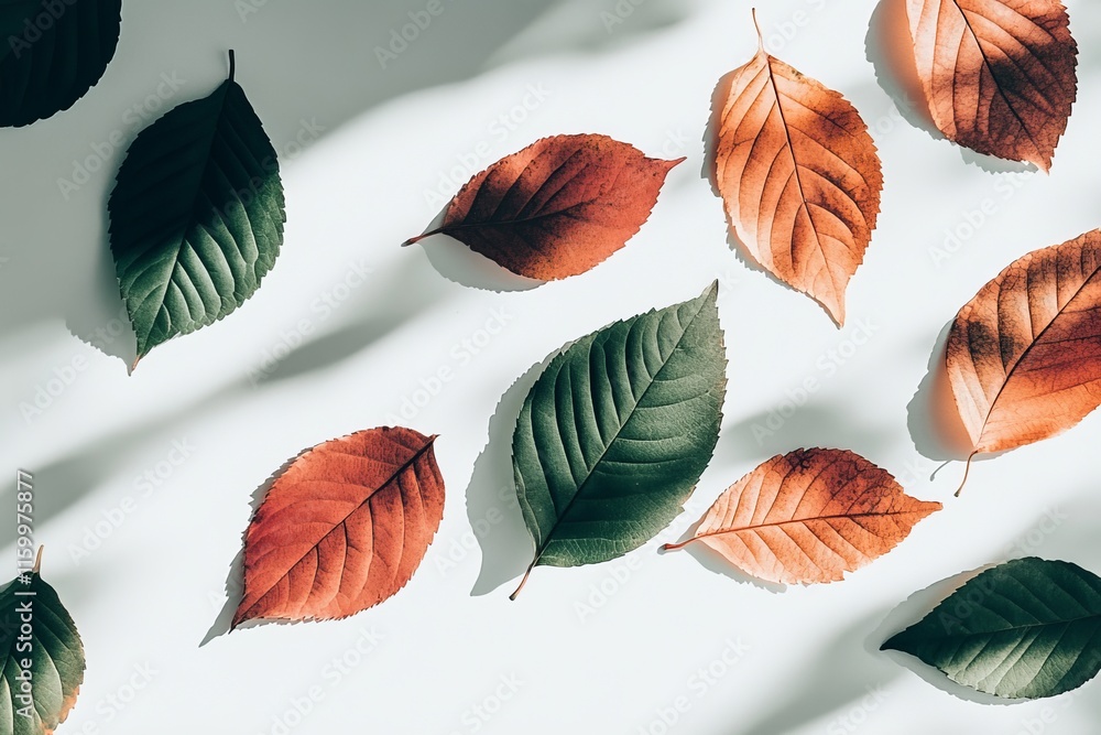 Obraz premium Autumn leaves arranged on white background with shadows.