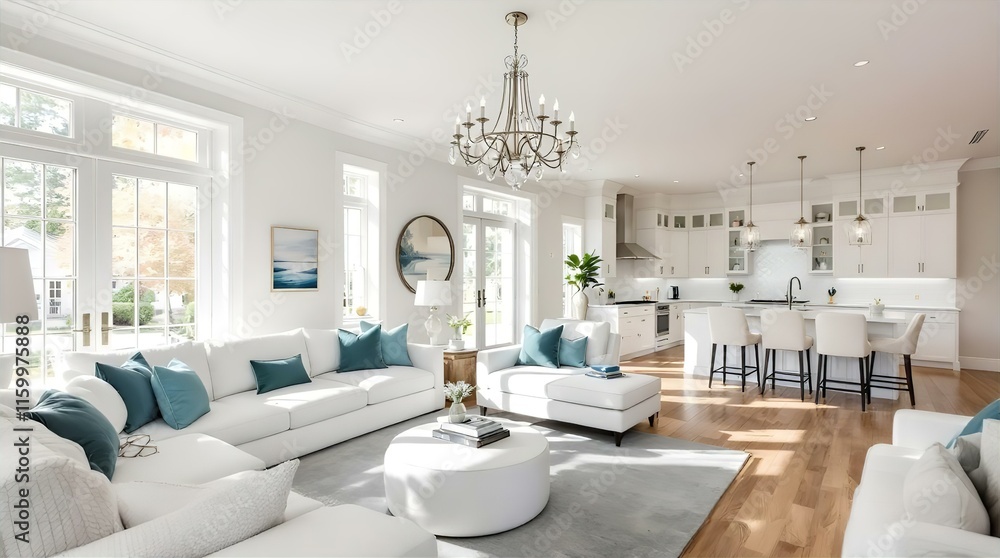 Bright, airy living room and kitchen with white furniture and teal accents, hardwood floors, and large windows, showcasing a luxurious, modern design in a spacious, sun-drenched home. Bright, airy living room and kitchen with white furniture and teal accents, hardwood floors, and large windows, showcasing a luxurious, modern design in a spacious, sun-drenched home.