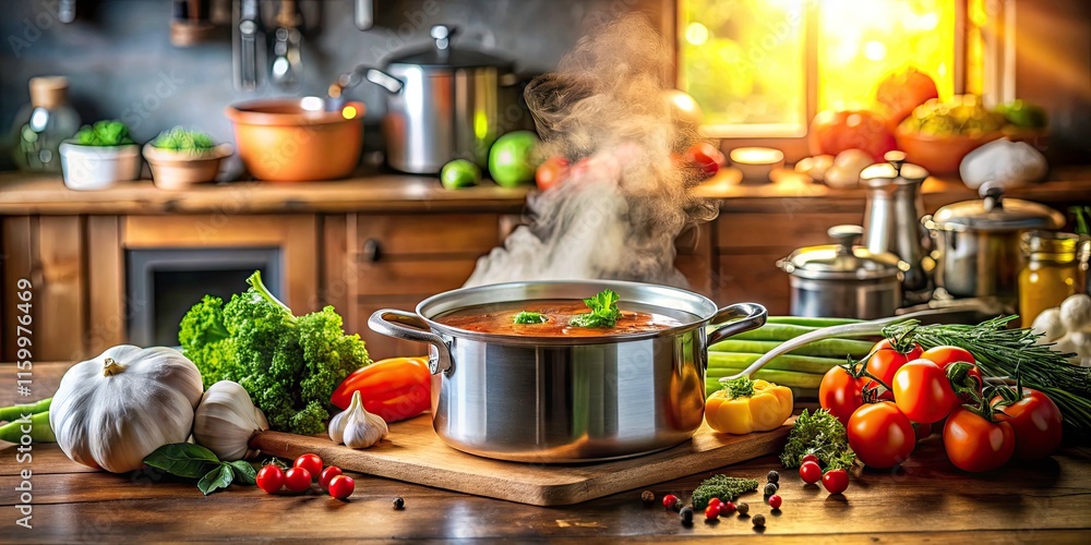 Boiling Soup in a Pot on the Stove with Steam Rising, Cozy Kitchen Setting, Perfect for Food Blogs and Recipe Websites, Eye-catching Culinary Scene, Cooking Process, Delicious Broth Boiling Soup in a Pot on the Stove with Steam Rising, Cozy Kitchen Setting, Perfect for Food Blogs and Recipe Websites, Eye-catching Culinary Scene, Cooking Process, Delicious Broth