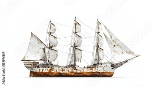 Weathered antique sailing ship, isolated on white background. photo