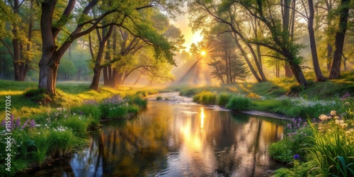 Serene Sunrise Over a Tranquil River, Reflecting Golden Light Through Lush Green Trees and Wildflowers