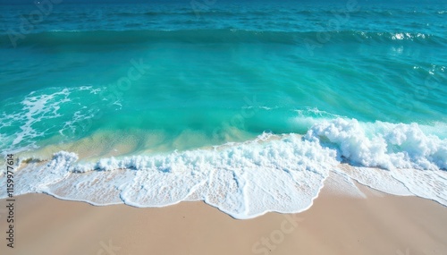 Vibrant turquoise ocean, whitecap waves crash on shore , cyanic, summer photo