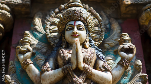 Exquisite stone sculpture of deity with intricate details showcasing spiritual craftsmanship of Indian artistry : Generative AI photo