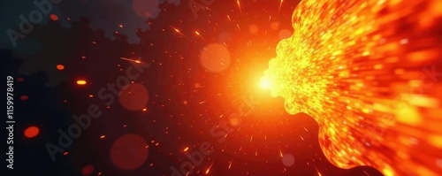 Bright orange and yellow fiery burst, radiating outwards, abstract, chaos, heat