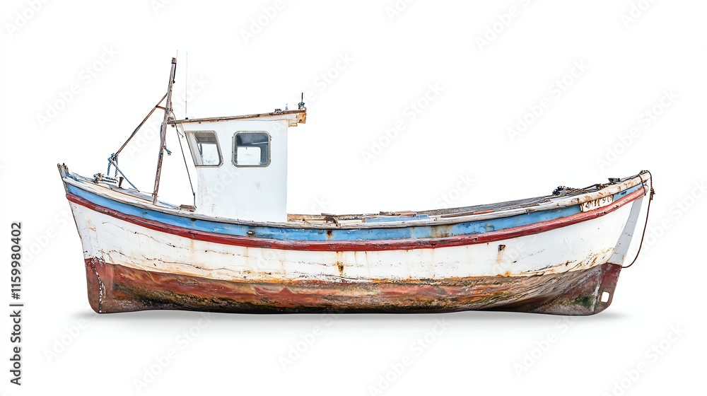 Old fishing boat with peeling paint, white isolated background. Old fishing boat with peeling paint, white isolated background.