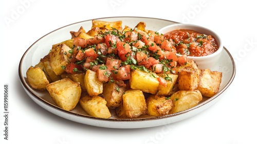 Delicious oven-roasted potatoes topped with fresh salsa on a plate. photo