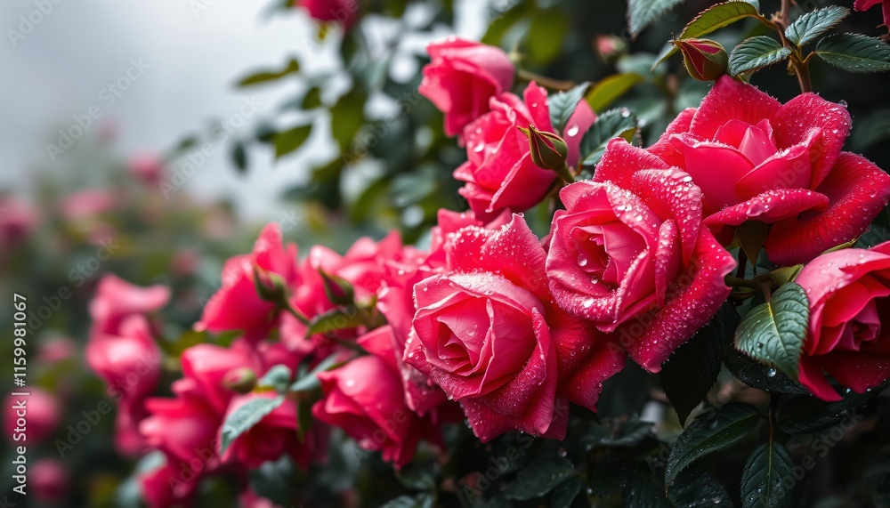 Rose vines covered in morning dew, with each drop magnifying the texture and color of the petals, The roses are in rich shades of red and pink, and the background is a soft blur of green foliage. Rose vines covered in morning dew, with each drop magnifying the texture and color of the petals, The roses are in rich shades of red and pink, and the background is a soft blur of green foliage.