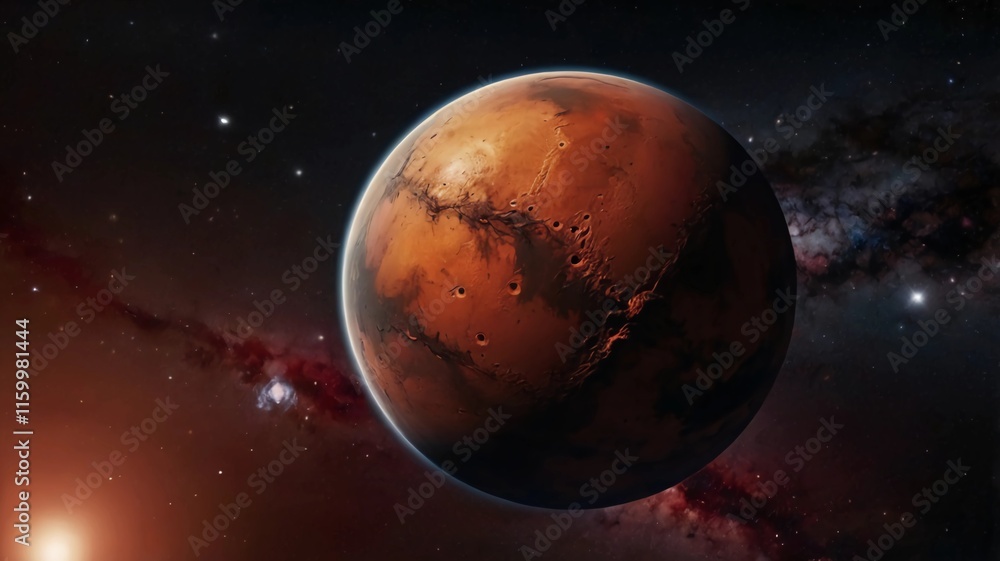 Obraz premium Amazing red planet Mars in deep stellar space. Journey to Mars Concept. Mars in the starry sky. Red planet in space