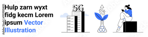 High-rise building with 5G network symbol, plant with upward arrows symbolizing growth, and young woman sitting on a cube using a smartphone. Ideal for technology, mobile networks, connectivity