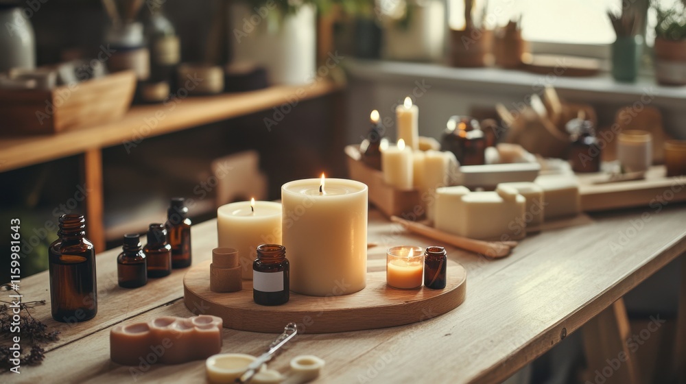 A cozy candle-making station in a home workshop, Wax, molds A cozy candle-making station in a home workshop, Wax, molds