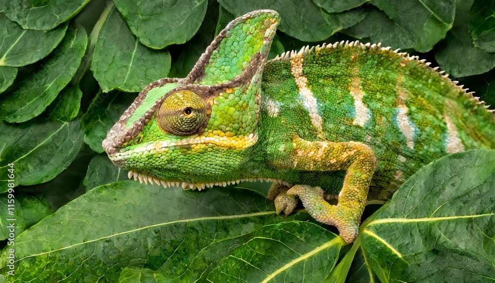 Chameleon Changing Color on a Green Leaf, a Master of Camouflage