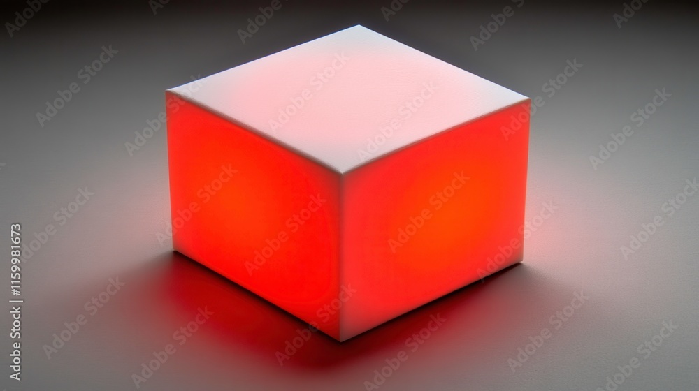 Fototapeta premium Illuminated red cube display modern art gallery digital artwork minimalist environment eye-level view contemporary concept