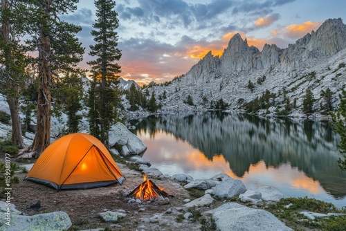 camping scene tent and campfire photo