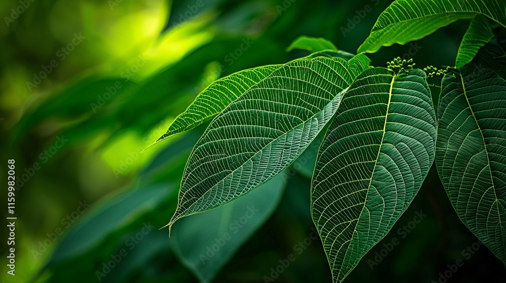 Obraz premium of lush green leaves with soft lighting highlighting their detailed texture and surface. The background is blurred, offering space for caption placement. 