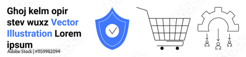 Shield with check mark, shopping cart with arrow, and gear with keys representing security, online shopping, and system functionality. Ideal for e-commerce, cybersecurity, technology solutions