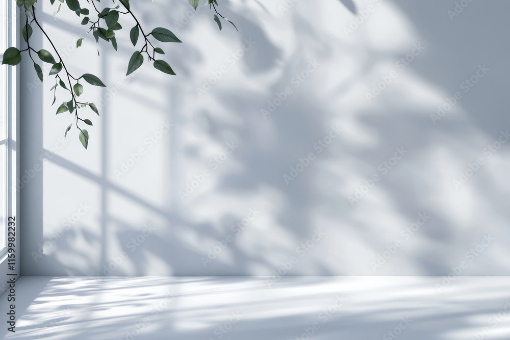 Sunlight casts leaf shadows on a white wall and floor. Sunlight casts leaf shadows on a white wall and floor.