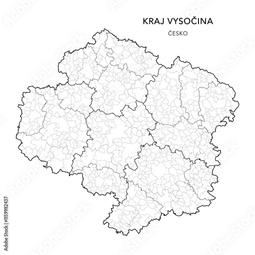 Political Map of the Vysočina Region (kraj Vysočina) with Districts (Okres), AD MEC (SO ORP), AD CLA (SO POU) and Municipalities (Obcí) as of 2024 - Czechia/Czech Republic (Česko) - Vector Map