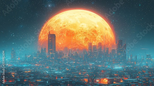 Futuristic city skyline at night with huge orange moon.
