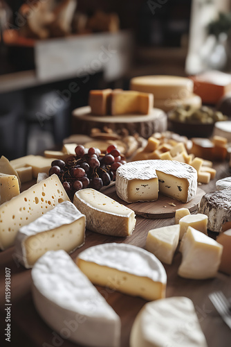 An elegant cheese platter featuring Mozzarella, Cheddar, Brie, Parmesan, and Gouda, served with an assortment of crackers, fruits, and nuts, offering a luxurious culinary experience