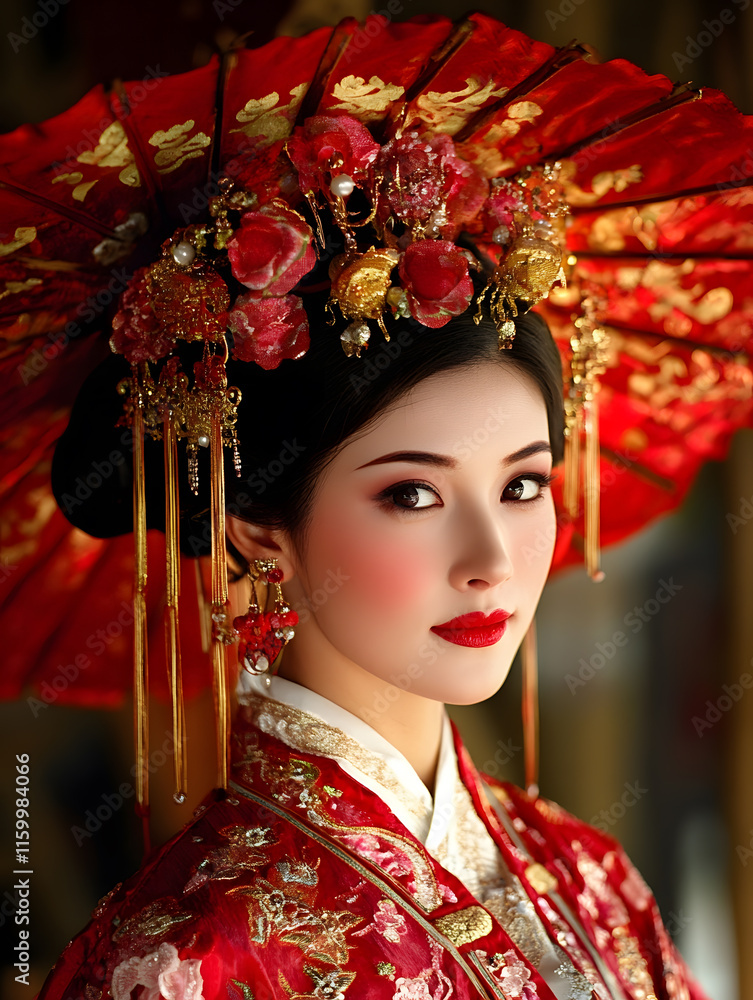 Traditional Asian Woman Adorned in Exquisite Red Attire Holding Ornate Parasol : Generative AI Traditional Asian Woman Adorned in Exquisite Red Attire Holding Ornate Parasol : Generative AI