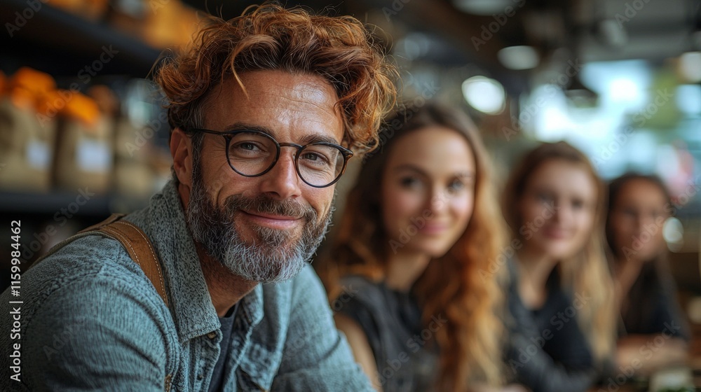 Smiling man with glasses in a cozy cafe environment Smiling man with glasses in a cozy cafe environment