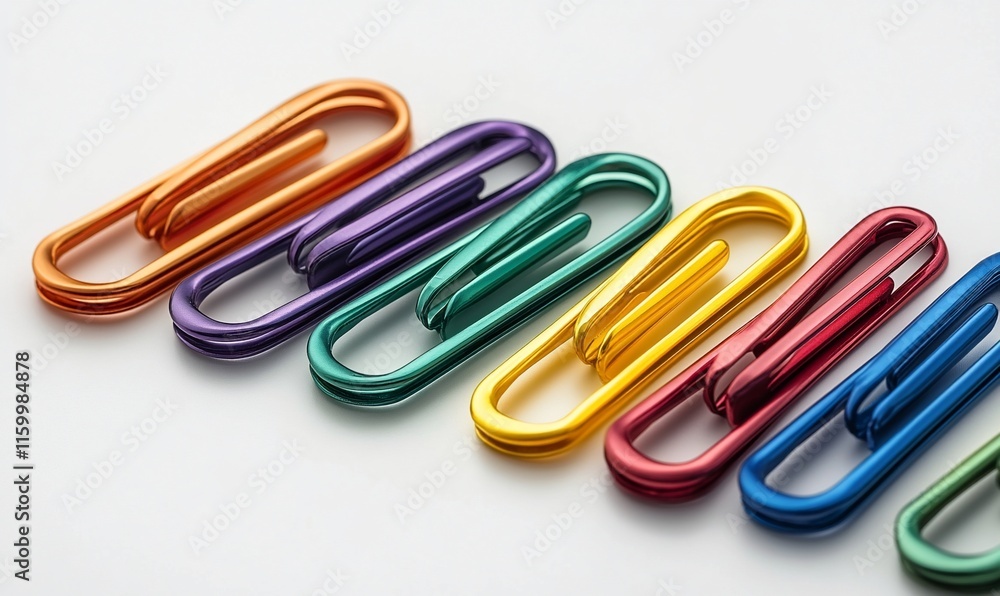 A row of colorful paper clips arranged neatly on a surface. A row of colorful paper clips arranged neatly on a surface.