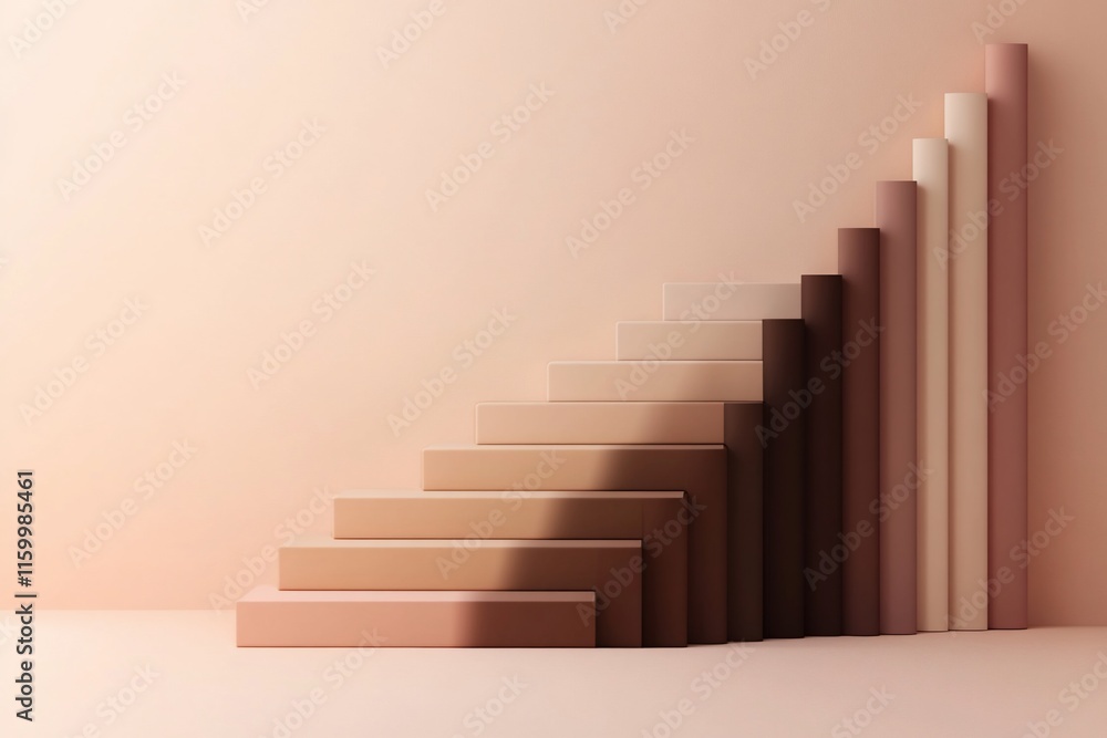 Abstract staircase of varying shades of beige and brown against a pale pink background. Abstract staircase of varying shades of beige and brown against a pale pink background.