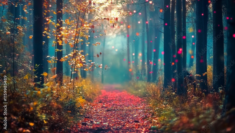 Fototapeta premium Magical autumn forest path with glowing lights and falling leaves.