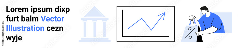 Man moving large package, growth chart, and financial institution facade. Ideal for business analysis, finance, logistics, economic growth, market trends investment financial services. Landing page