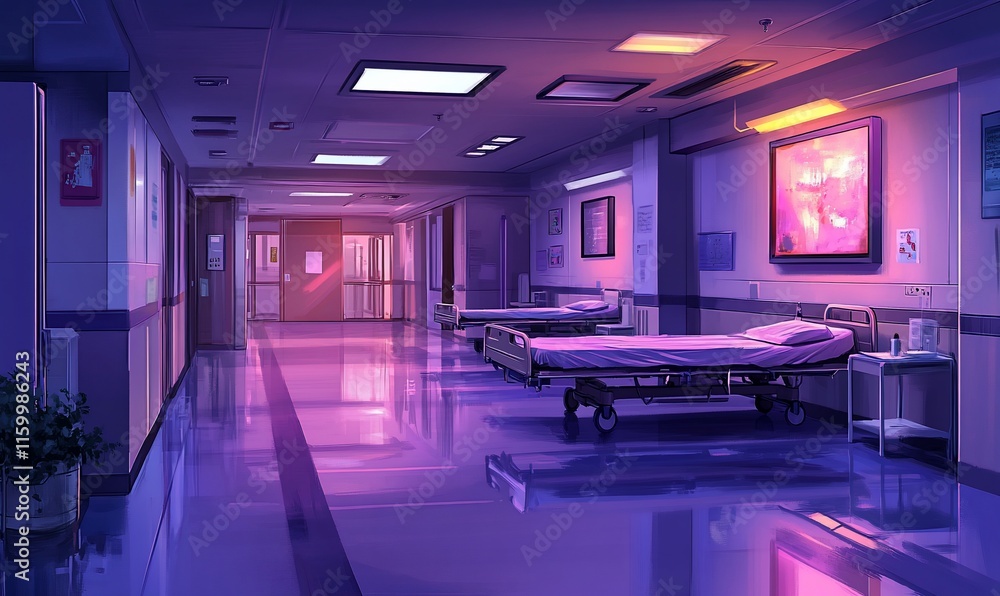 A serene hospital corridor with beds and soft lighting. A serene hospital corridor with beds and soft lighting.