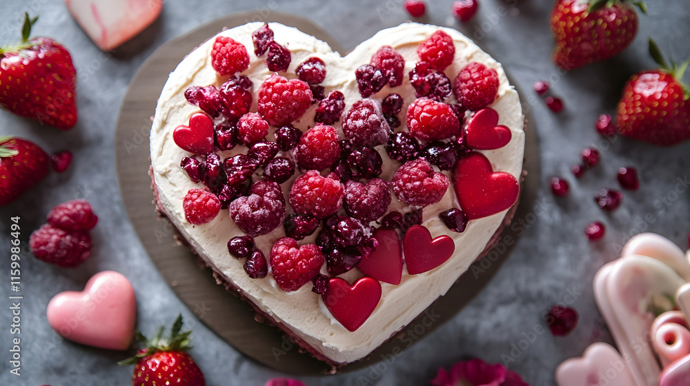 Heart Shaped Cake Topped with Fresh Berries and Edible Decorations Perfect for Valentines Day : Generative AI Heart Shaped Cake Topped with Fresh Berries and Edible Decorations Perfect for Valentines Day : Generative AI