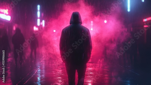 realistic a man with hoodie walk on the border street with water effect , dark and neon background photo