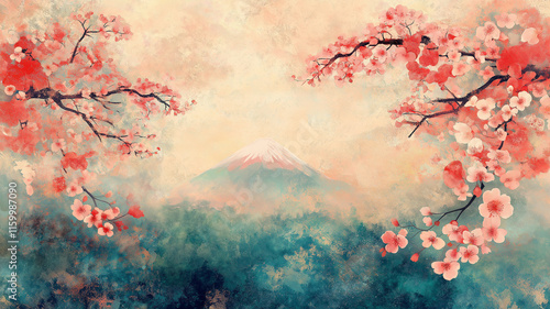 Wallpaper Mural 日本の富士山と花々のイラスト素材。挿絵,高画質イラスト,アジア,日本人 Torontodigital.ca