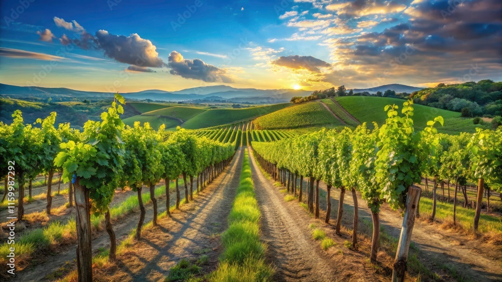 Panoramic View of Lush Vineyard with Rows of Grape Vines on Trellis under Clear Blue Sky – Ideal for Wine Enthusiasts and Nature Lovers Panoramic View of Lush Vineyard with Rows of Grape Vines on Trellis under Clear Blue Sky – Ideal for Wine Enthusiasts and Nature Lovers
