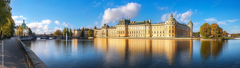 Historic palace reflected in calm water, with clear blue sky and lush trees. Historic palace reflected in calm water, with clear blue sky and lush trees.