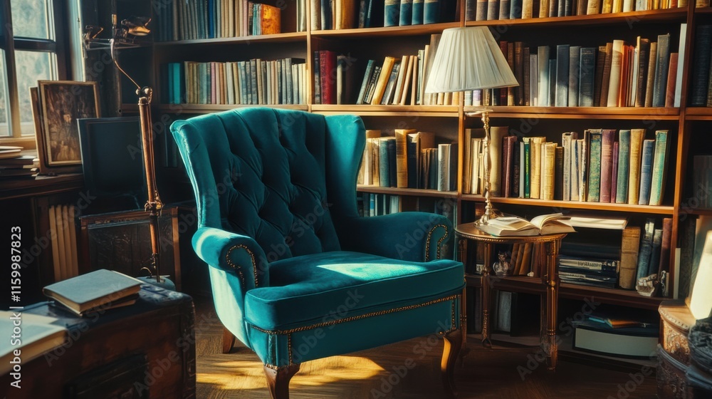 A cozy reading corner with a collection of books, Bookshelves and a comfy chair perfectly placed, Vintage literary style A cozy reading corner with a collection of books, Bookshelves and a comfy chair perfectly placed, Vintage literary style