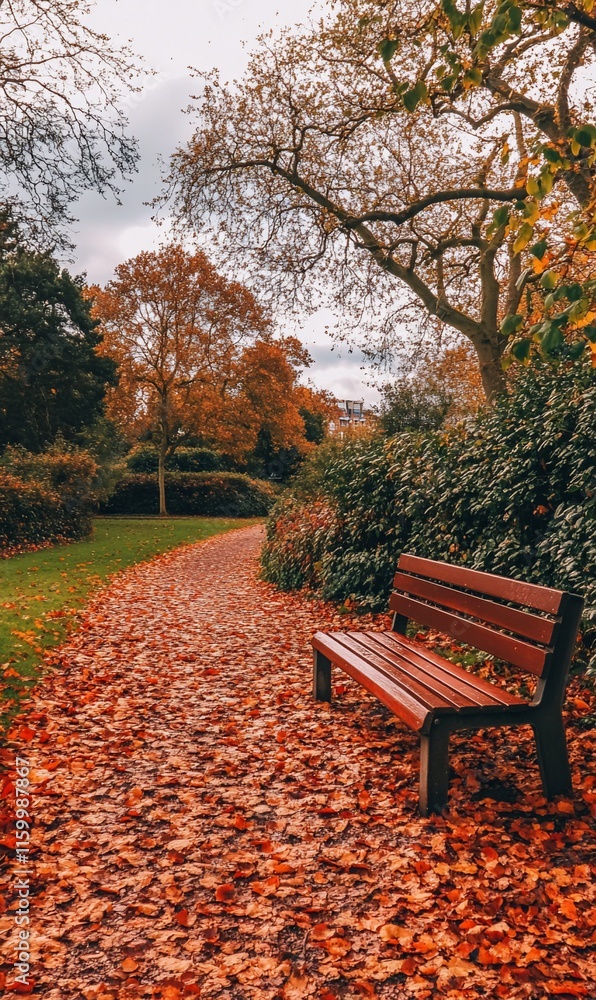 A serene park path lined with autumn leaves and a wooden bench. A serene park path lined with autumn leaves and a wooden bench.