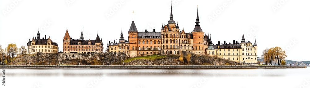 Stunning castle with turrets and towers, reflected on calm water surface. Stunning castle with turrets and towers, reflected on calm water surface.
