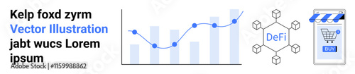 Bar graph with a line chart, decentralized finance network, and online shopping interface. Ideal for fintech platforms, data analytics, DeFi projects, e-commerce sites, tech blogs, financial reports