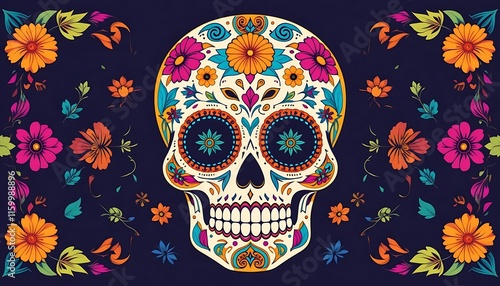 Vibrant Sugar Skull Decorated With Colorful Flowers Dark Background