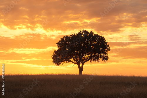 Lone Oak Tree Silhouetted Against a Stunning Golden Sunset on a Vast Field : Generative AI