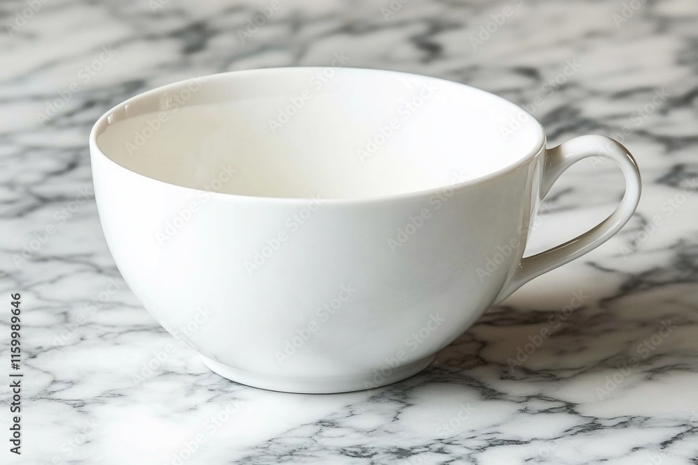 A simple white cup on a marble surface, ready for beverages. A simple white cup on a marble surface, ready for beverages.