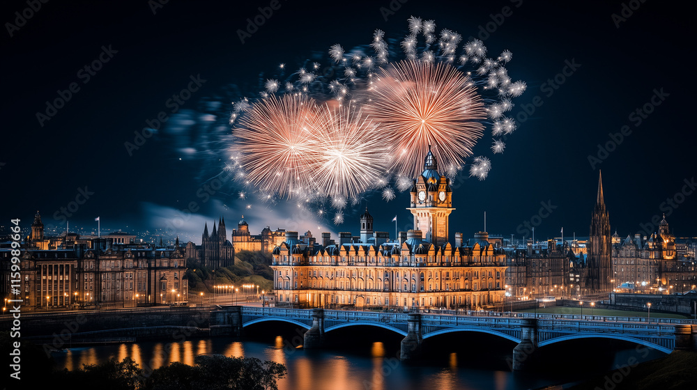 Naklejka premium Wide view of fireworks exploding over Edinburgh Castle at night, bright colors illuminating the sky, festive and dramatic atmosphere, blurred background with the city’s historic buildings 