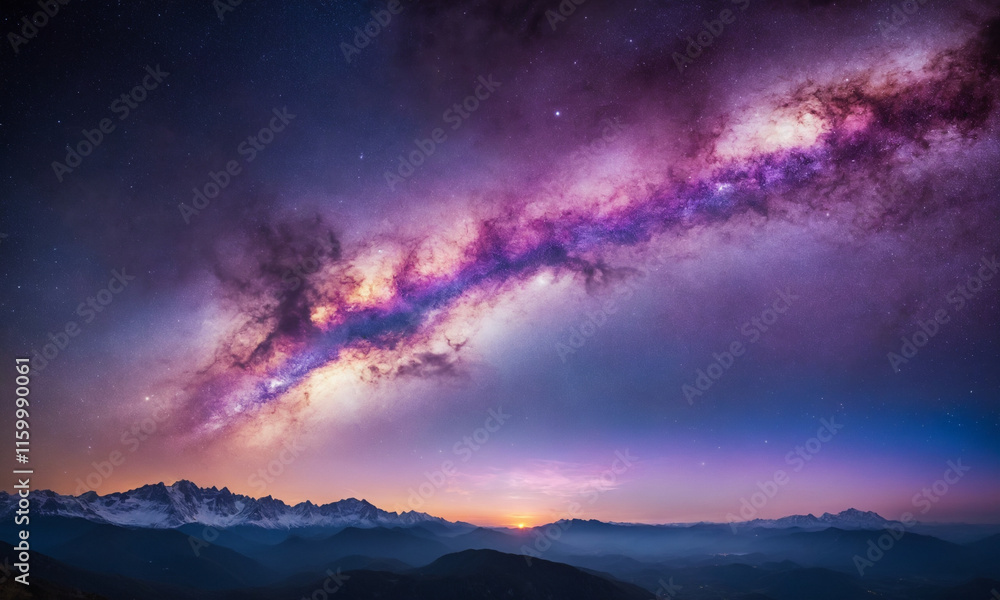 Fototapeta premium 화려한 우주 풍경을 상상해 보세요. 강렬한 보라색, 깊은 파란색, 반짝이는 분홍색이 어우러져 소용돌이치는 성운을 형성합니다.