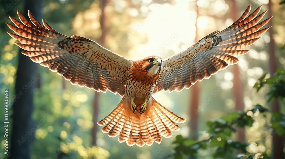 Fototapeta premium Majestic hawk in flight, wings spread wide, sunlight through trees.